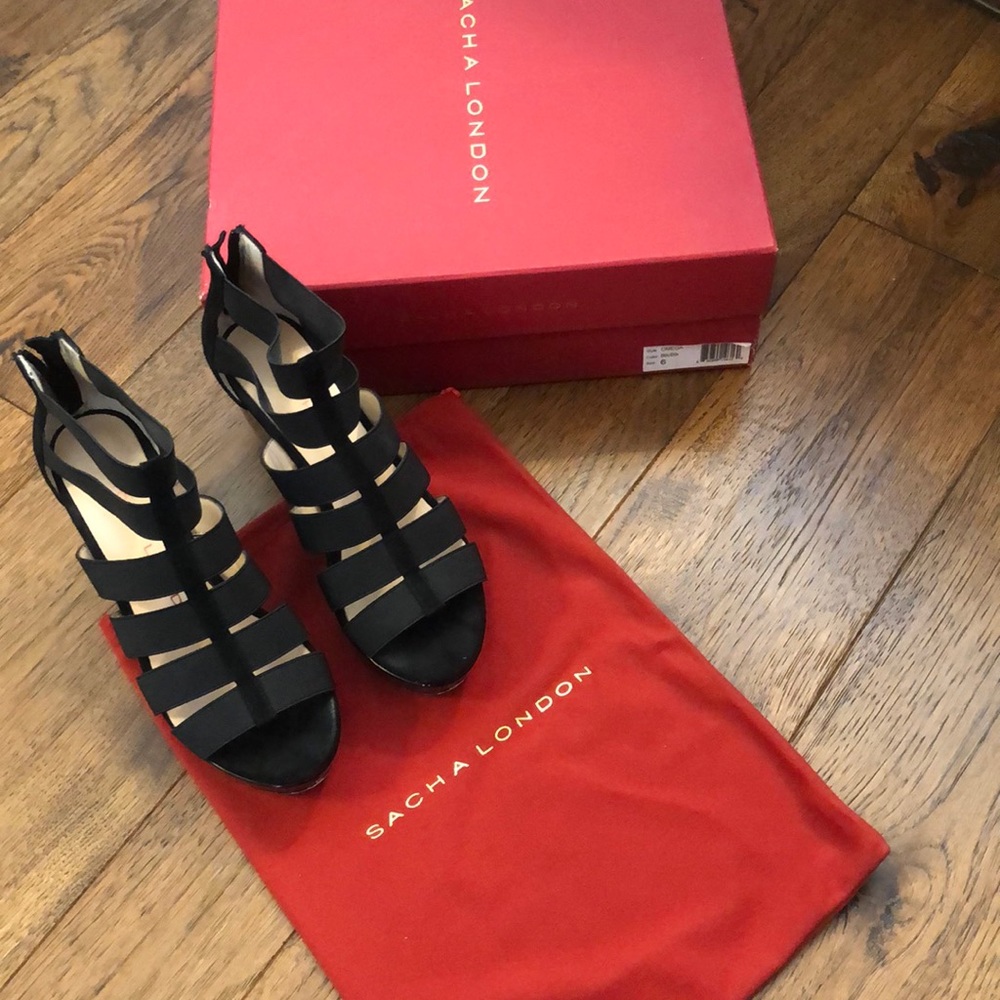 Sacha London OMEGA size 6, black, patent leather wedge, and elastic band straps
